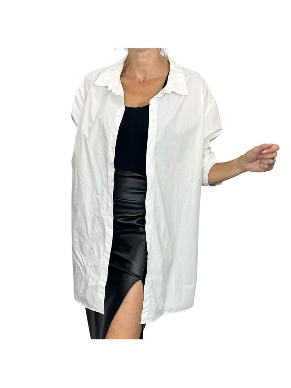 Minimalist white cotton poplin oversized long sleeve button down top blouse XL - Picture 2 of 10